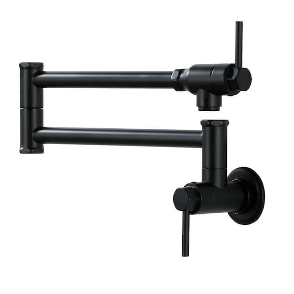 Contemporary Wall-Mounted Brass Double-Handle Faucet with Double Joint Swing Arms in Matte Black