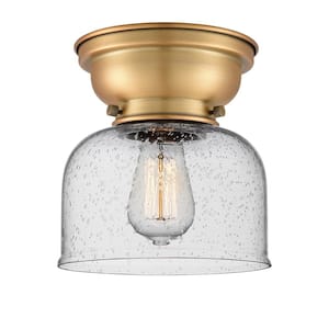 Aditi Bell 8 in. 1-Light Brushed Brass Flush Mount with Seedy Glass Shade