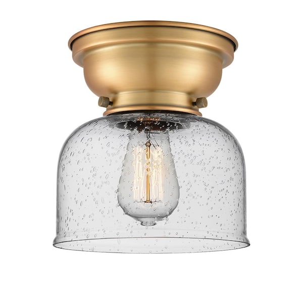 Aditi Bell 8 in. 1-Light Brushed Brass Flush Mount with Seedy Glass Shade