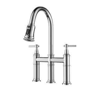 Double Handle Bridge Kitchen Faucet in Chrome Polished with Pull-Down Spray Head