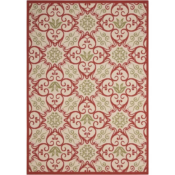 Nourison Caribbean Ivory/Rust 4 ft. x 6 ft. Floral Modern Indoor/Outdoor Patio Area Rug