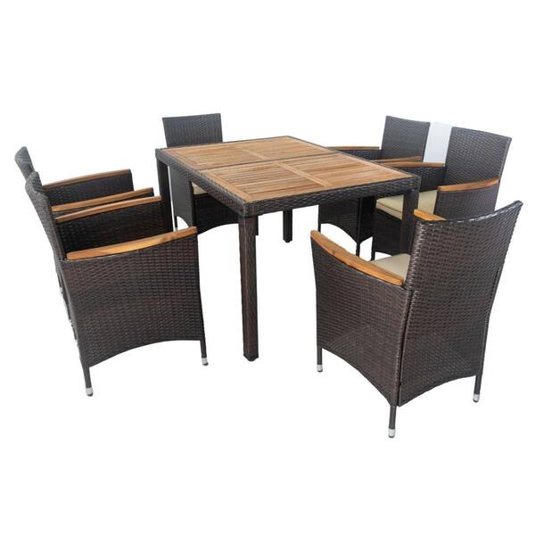 Afoxsos 7-Piece Dark Brown Patio Wicker Outdoor Dining Set Patio with Beige Cushions and Acacia Wood Top
