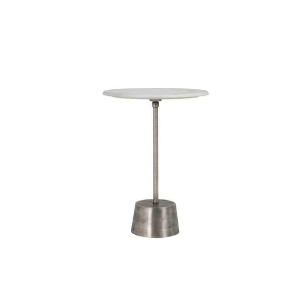 Benjara 17.5 in. White Round End Table with Marble Top and Metal Pedestal Base