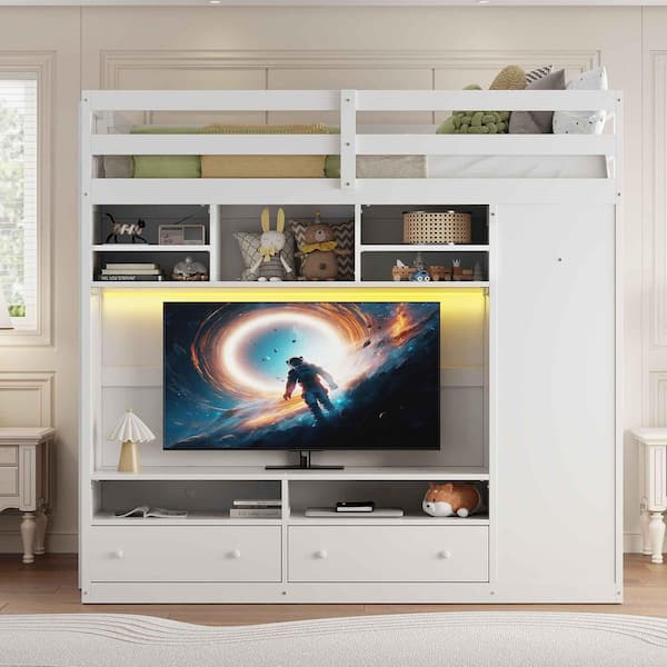 White Full Wood Loft Bed with Drawers, Shelves and Light