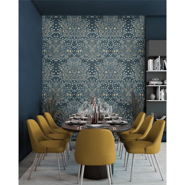 31.35 sq. ft. Aegean Blue and Warm Stone Victorian Garden Vinyl Peel and Stick Wallpaper Roll