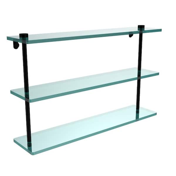 22 in. L x 15 in. H x 5 in. W 3-Tier Clear Glass Bathroom Shelf in Matte Black