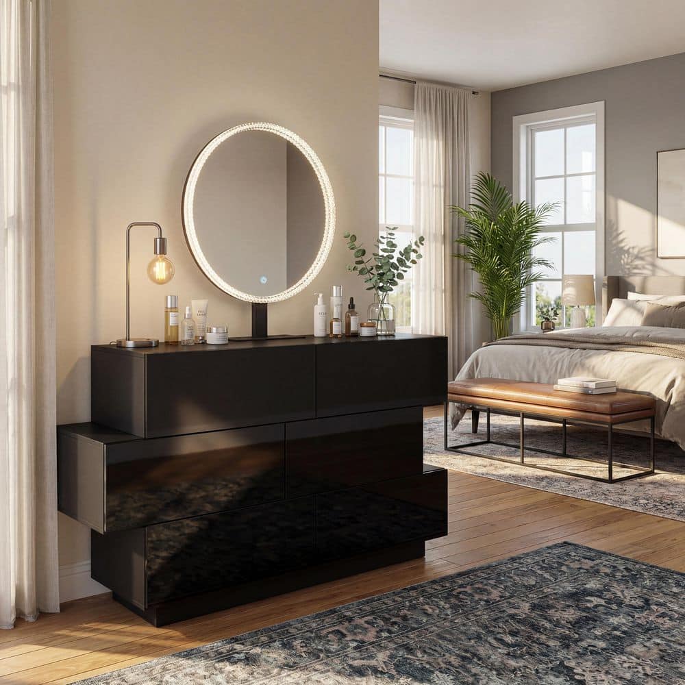 black shoes with gold dress Yanosaku Vanity Desk with Mirror, 11 LED Lights, 5 Drawers, Adjustable Brightness, Chair Included, White main image 1