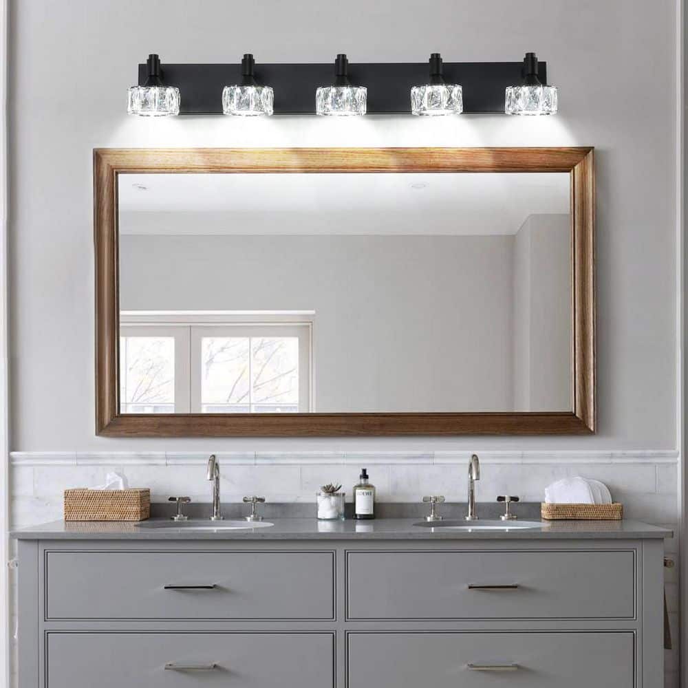 36 in. Modern Matte Black 5-Light LED Vanity Light with Crystal Glass Shades for Bathroom Wall Mount Fixture price history on PriceWatchPro