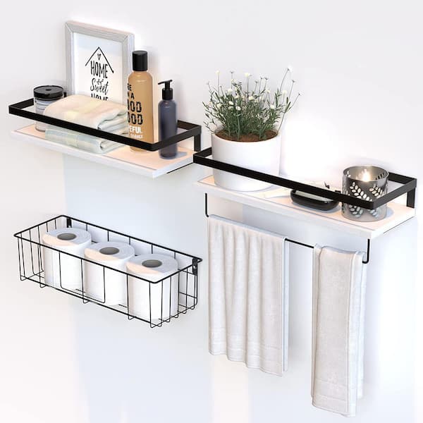 Cubilan 15.7 in. W x 5.7 in. D White Wood Decorative Wall Shelf, Floating Shelves with Metal Basket Set