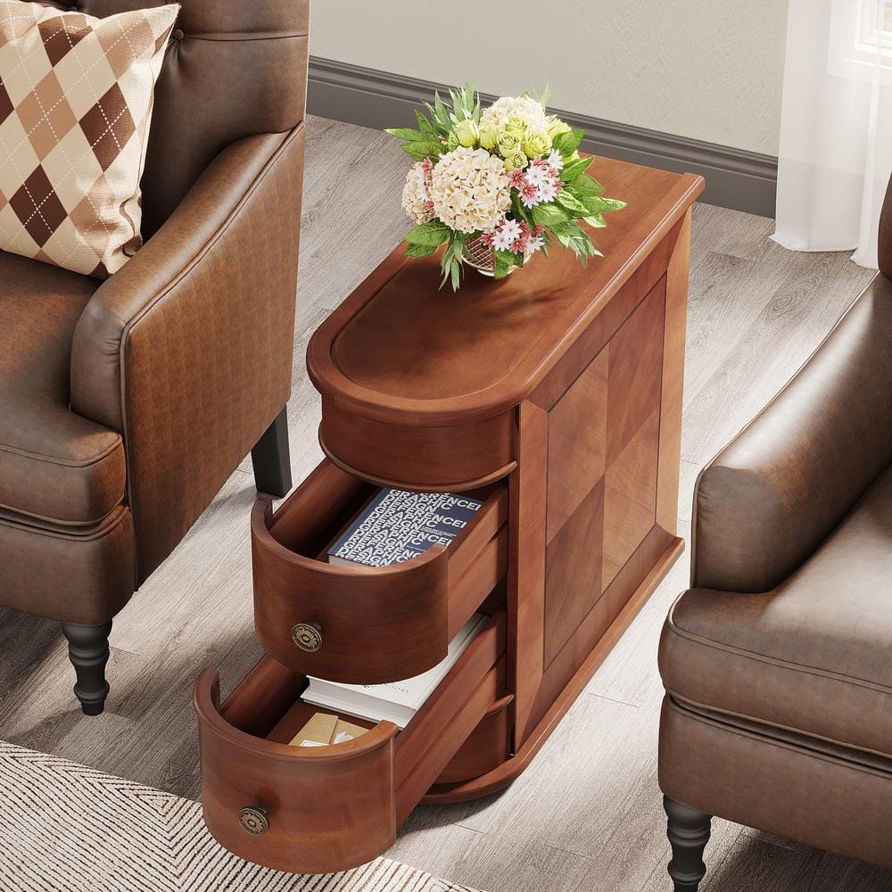 Kerlin 23.6 in. Walnut Rectangular Wood End Table 2-Drawer Narrow Side Table, No Assembly Required, Finished Back - thumbnail 6