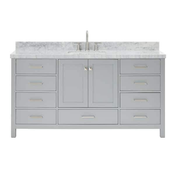 Cambridge 66 in. Single Sink Freestanding Bathroom Vanity in Gray with Carrara White Marble Top