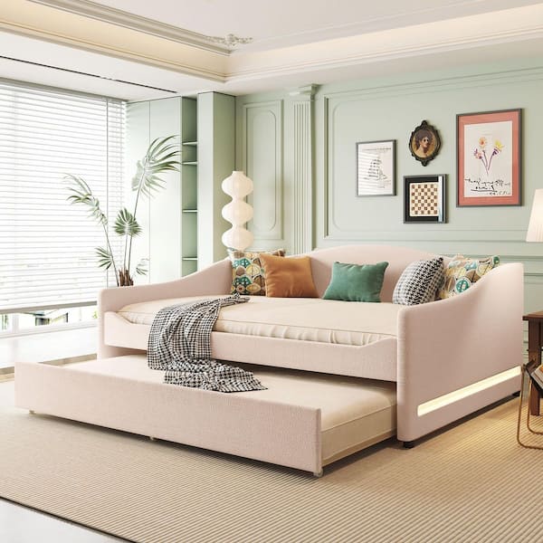 Beige Full Size Daybed with Light and Trundle
