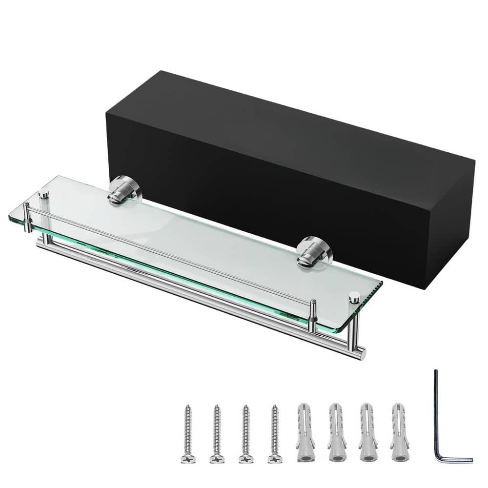 20 in. Wall Mounted Tempered Glass Bathroom Shelf with Towel Bar in Chrome Polished, Stainless Steel Tower Holder price history on PriceWatchPro