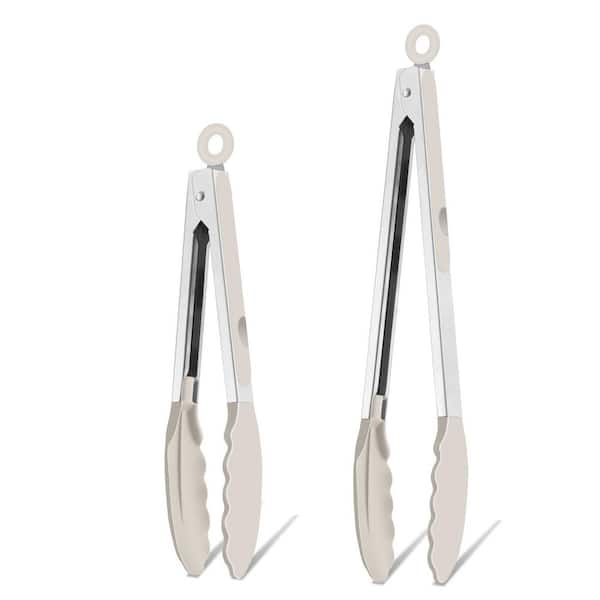 Khaki Stainless Steel Silicone Cooking Grilling Serving Tongs Set Heat Resistant Locking Dishwasher Safe 2 Piece