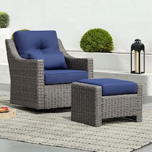 Thaddeus Grey Fabric 360° Rocking Swivel Wicker Accent Chair and Ottomans with Blue Cusions for Living Room or Backyard