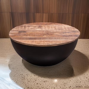 Custom Series 28 in. Brown and Black Round Wood Coffee Table with Black Base