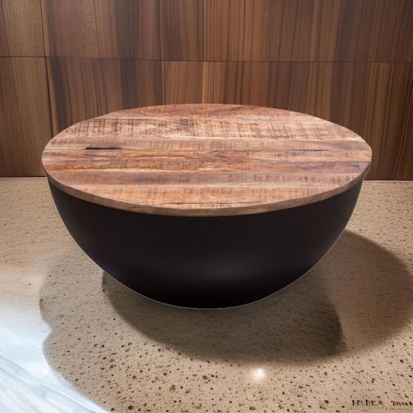 Benjara Custom Series 28 in. Brown and Black Round Wood Coffee Table with Black Base