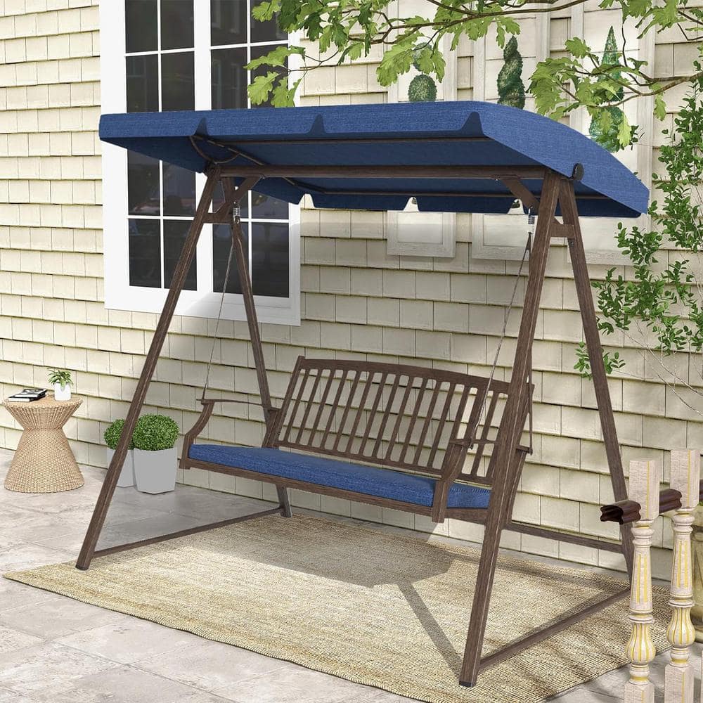 Farmhouse Dark Blue Steel Patio Swing with Adjustable Canopy and Cushions