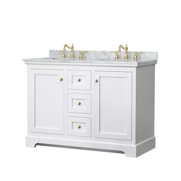 Wyndham Collection Avery 48 in. W x 22 in. D x 35 in. H Double Sink Bath Vanity in White with White Carrara Marble Top