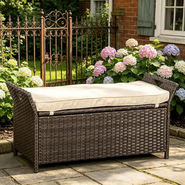 50 Gal. Brown Wicker Outdoor Storage Bench Deck Box with Beige Cushion and Interior Waterproof Cloth Bag