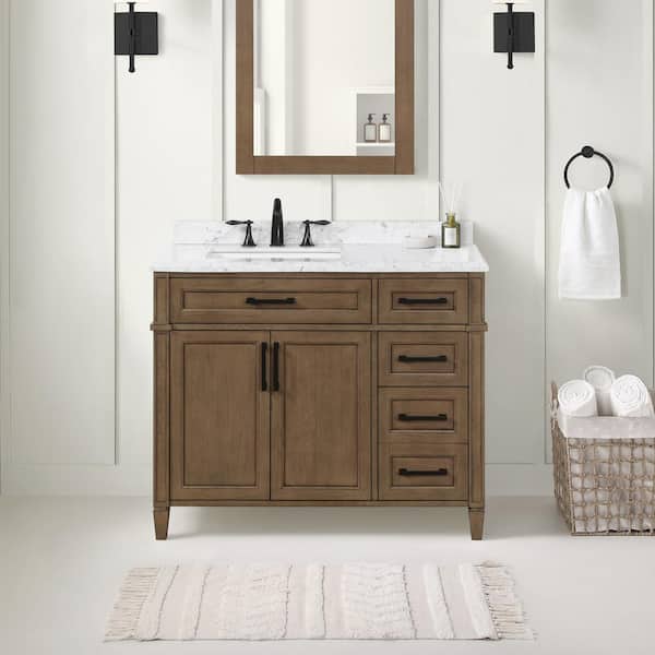 Home Decorators Collection Caville 42 in. W x 22 in. D x 34 in. H Single Sink Bath Vanity in Almond Latte with Carrara Marble Top
