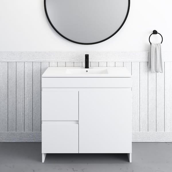 VOLPA USA AMERICAN CRAFTED VANITIES Mace 40 in. W x 18 in. D x 34 in. H Bath Vanity in White with White Ceramic Top and Left-Side Drawers