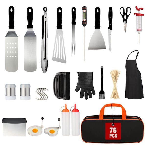 76-Piece Stainless Steel Griddle Accessories Set with Scraper, Spatulas, Thermometer, Storage Bag, Grill Tools