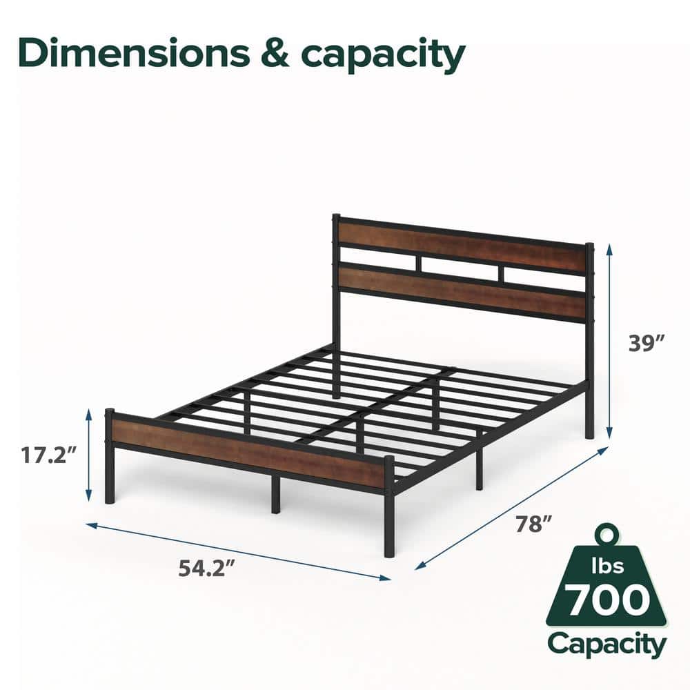 Full Roman Bamboo and Metal Platform Bed Frame with Slatted Headboard