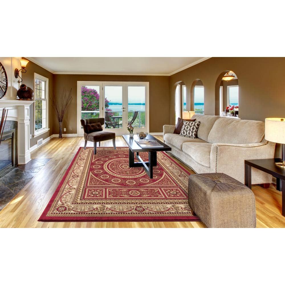 Red and Beige Synthetic Traditional Rectangle Rug, 7'-9" x 9'-9"