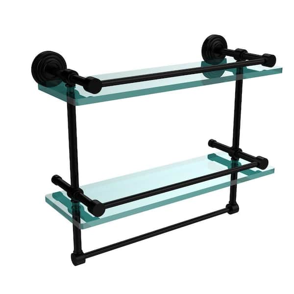 Allied Brass 16 in. L x 12 in. H x 5 in. W 2-Tier Gallery Clear Glass Bathroom Shelf with Towel Bar in Matte Black