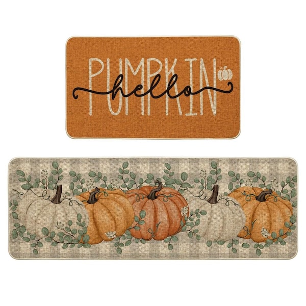 Orange 17 in. x 29 in. and 17 in. x 47 in. 5% Polyester 95% Rubber Buffalo Plaid Indoor Outdoor Kitchen Mat Set of 2