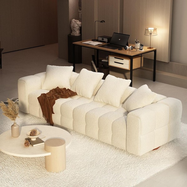 FUFU&GAGA 100.8 in. Straight Arm Teddy Fleece Cotton Rectangle Sofa in White, with 4 Pillows, High-Density Foam Cushion, Deep Seat