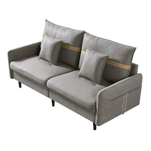 72.8 in. Gray Fabric 3-Seat Mid-Century Tufted Loveseats with 2 Pillows for Living Room