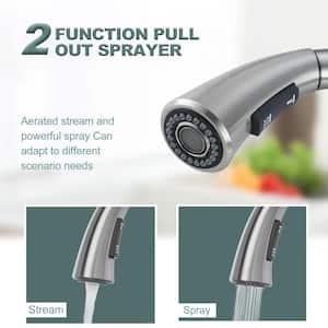 Single Handle Gooseneck Pull Down Sprayer Kitchen Faucet Stainless Steel with Soap Dispenser in Brushed Nickel