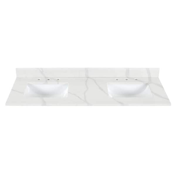 Altair Arbios 60 in. W x 22 in. D Qt. Stone White Rectangular Double Sink Bathroom Vanity Top in Calcutta White 8 in. WD