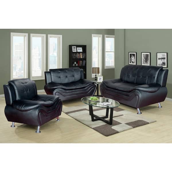 Star Home Living 3 Piece Black Leather, Contemporary Black Leather Sofa Set