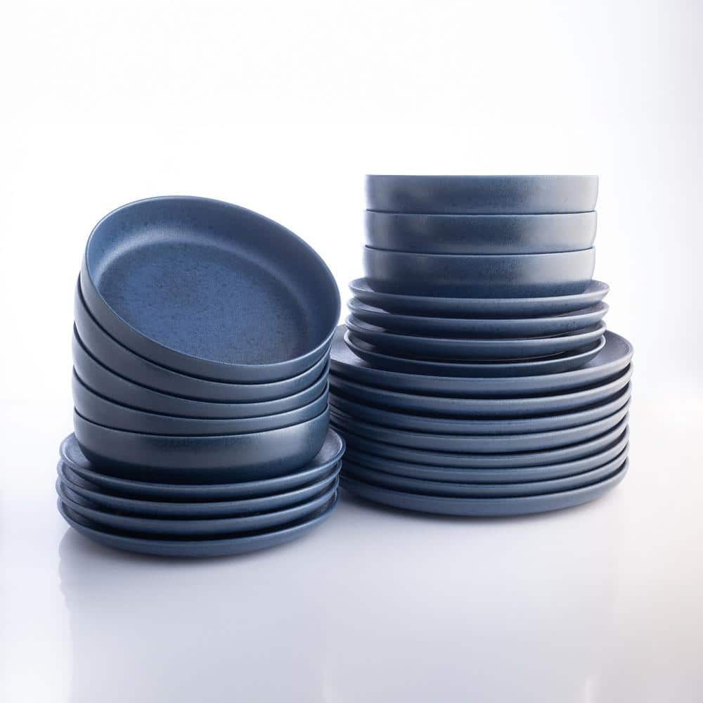 STONE LAIN Macchio 24-Piece Blue Matte Stoneware Dinnerware Set (Service for 8)