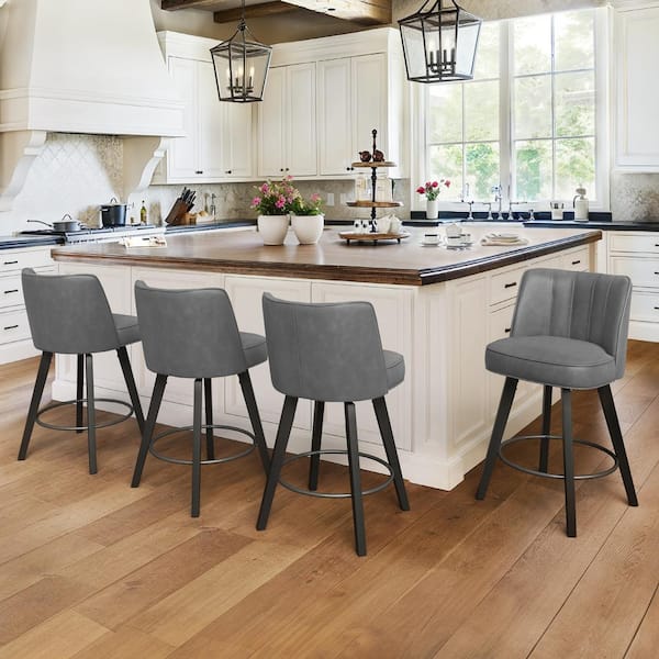 Paul 26 in. Dark Gray Modern Faux Leather 360° Swivel High Back Barstool Solid Wood Counter Height stool (Set of 2)