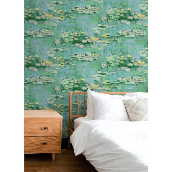 30.75 sq. ft. Hunter Green & Lakeside Lily Pond Vinyl Peel and Stick Wallpaper Roll