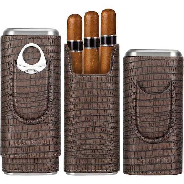Afoxsos Travel Leather Cigar Case with Stainless Steel Cigar Cutter in Lizard Brown