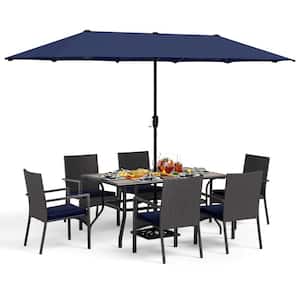 8-Piece Metal Patio Outdoor Dining Set with Rectangle Table, Umbrella and Rattan Chair with Blue Cushion