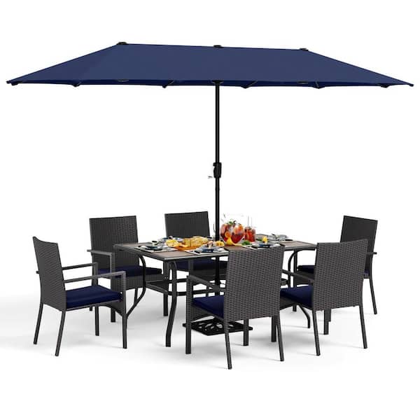 PHI VILLA 8-Piece Metal Patio Outdoor Dining Set with Rectangle Table, Umbrella and Rattan Chair with Blue Cushion