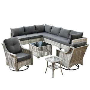 Holston 10-Piece Wicker Modern Outdoor Patio Conversation Sofa Sectional Set with Swivel Chairs and Black Cushions