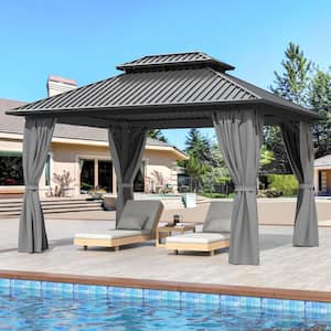 10 ft. x 12 ft. Hardtop Gazebo with Aluminum Frame, Galvanized Steel Double Roof Gazebo with Nettings and Curtains, Gray