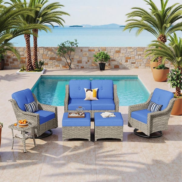 Heliora Gray Wicker Patio Loveseat Set Outdoor Lounge Swivel Chair with Diamond Blue Cushion, Ottoman and Side Table