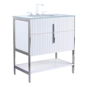 30 in. W x 18 in. D x 33.5 in. H Bath Vanity in White Matte with Glass Single Sink Top in White with Chrome Hardware