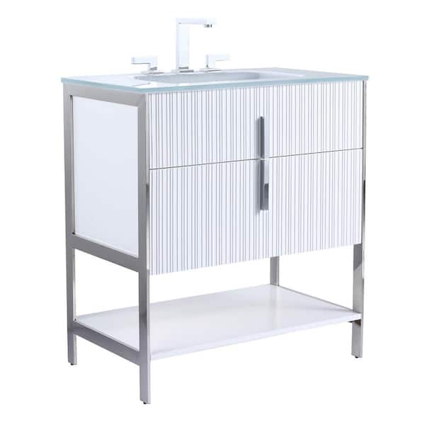FINE FIXTURES 30 in. W x 18 in. D x 33.5 in. H Bath Vanity in White Matte with Glass Vanity Top in White with Chrome Hardware