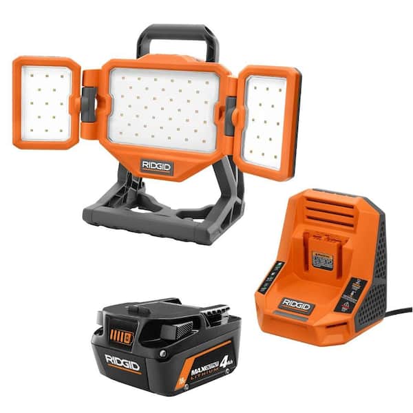 RIDGID 18V 4.0 Ah MAX Output Battery and Rapid Charger Kit with 18V Cordless Hybrid LED Panel Light