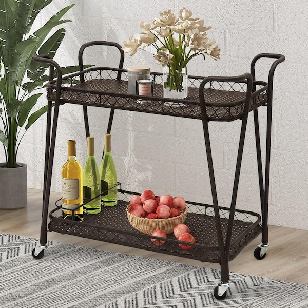 Maypex Brown Steel Frame 2-Tier Wicker Outdoor Bar Cart with Wheels and Bottle Holder