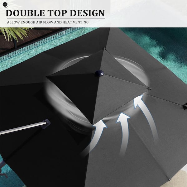 Double Top 11.5 ft. Square Aluminum Outdoor 360° Rotation Cantilever Patio Umbrella in Black with 350 lbs. Wheeled Base